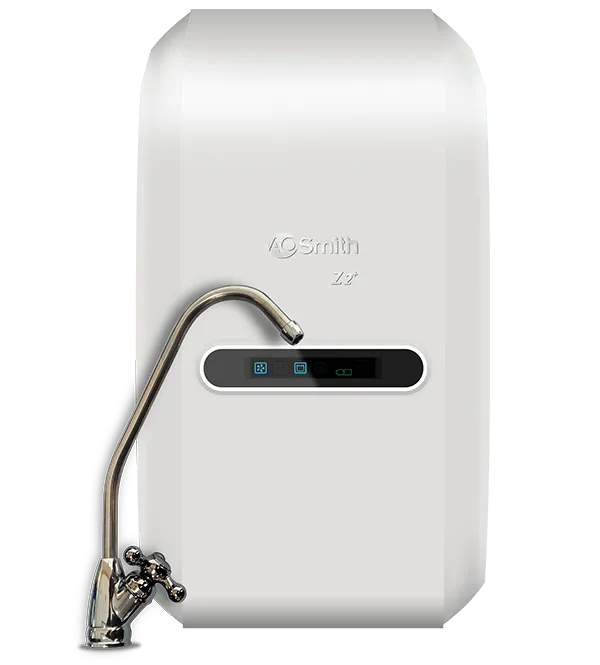 AO Smith Z2+ UV Ultra purifier in white with its under-counter dispensing tap