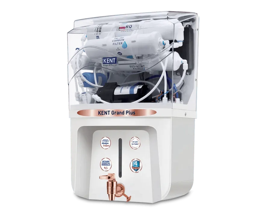 Kent Grand Plus RO purifier with its transparent top showing the filter housings inside