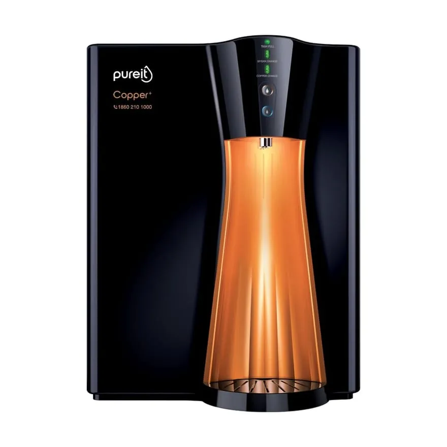 HUL Pureit Copper+ Mineral RO purifier in black with a copper-coloured storage tank